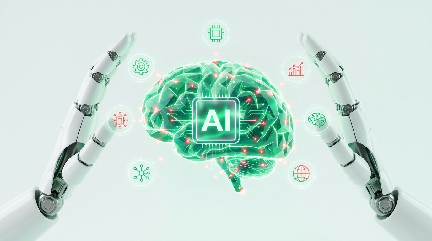 Robotic hands holding a glowing green AI brain hologram with connected data icons