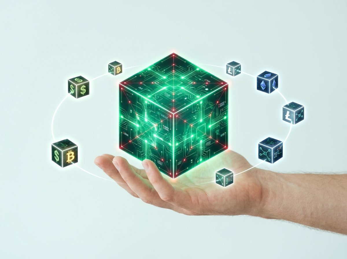 A hand holding a glowing blockchain cube connected to smaller cubes representing linked cryptocurrency nodes